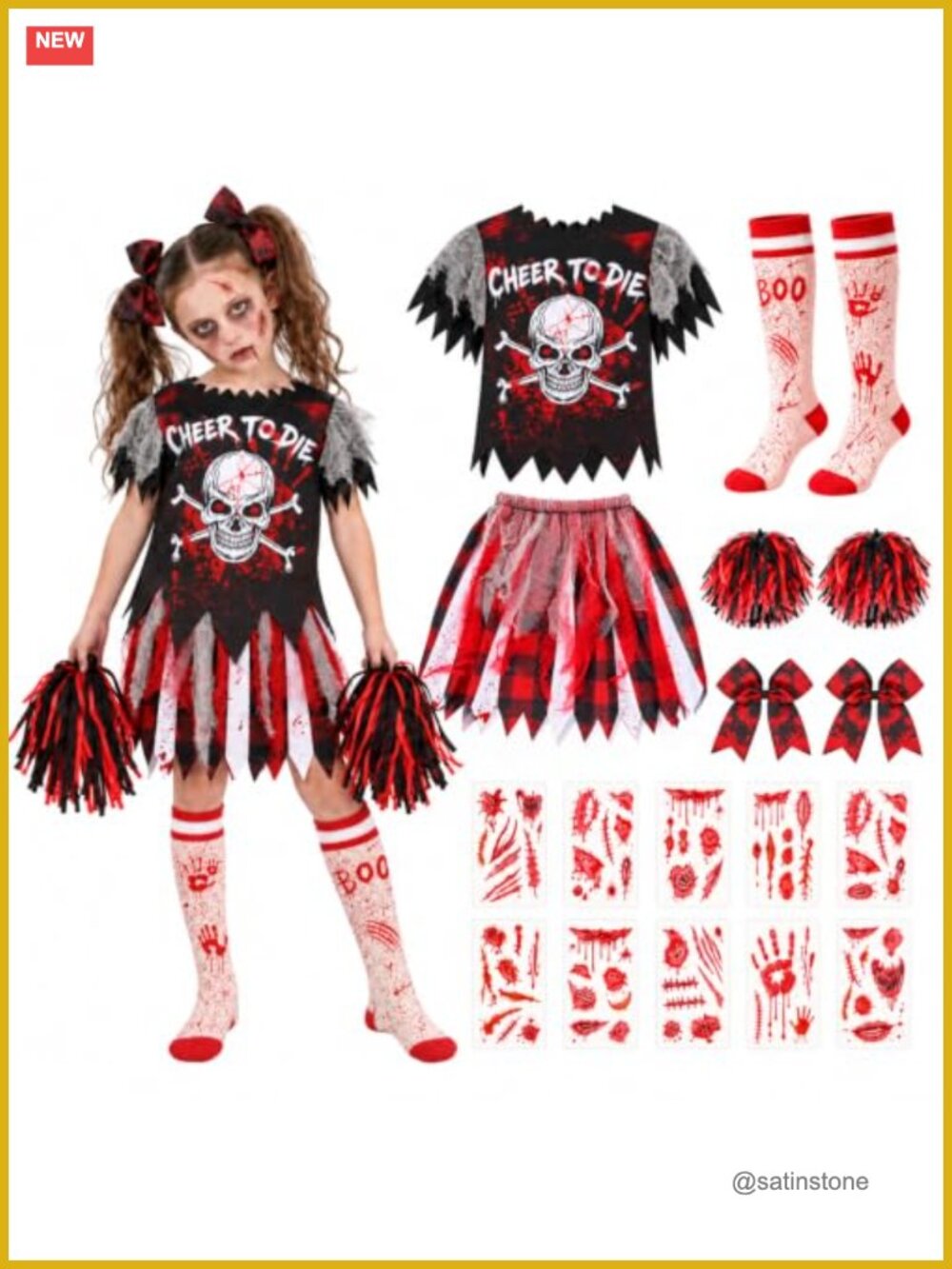Girls Zombie Cheerleader Halloween Costume Set with Pom Poms